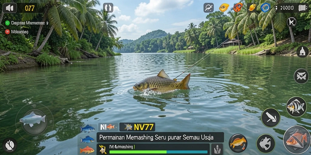 Screenshot NV77 menunjukkan pengalaman memancing yang realistis dan menarik.